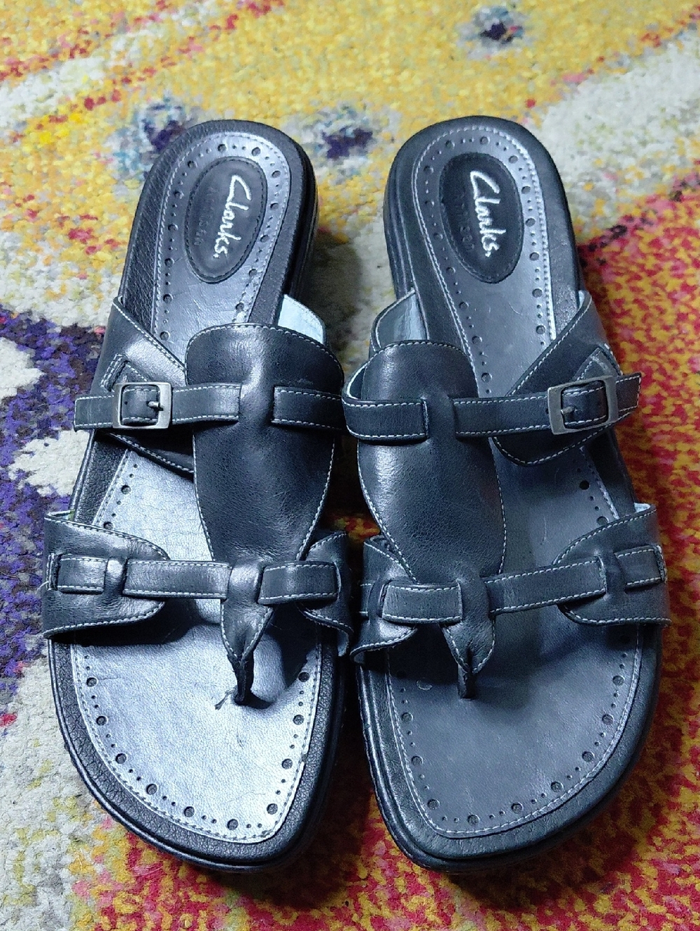 Clarks Women's Black Leather Buckle Slide Sandals